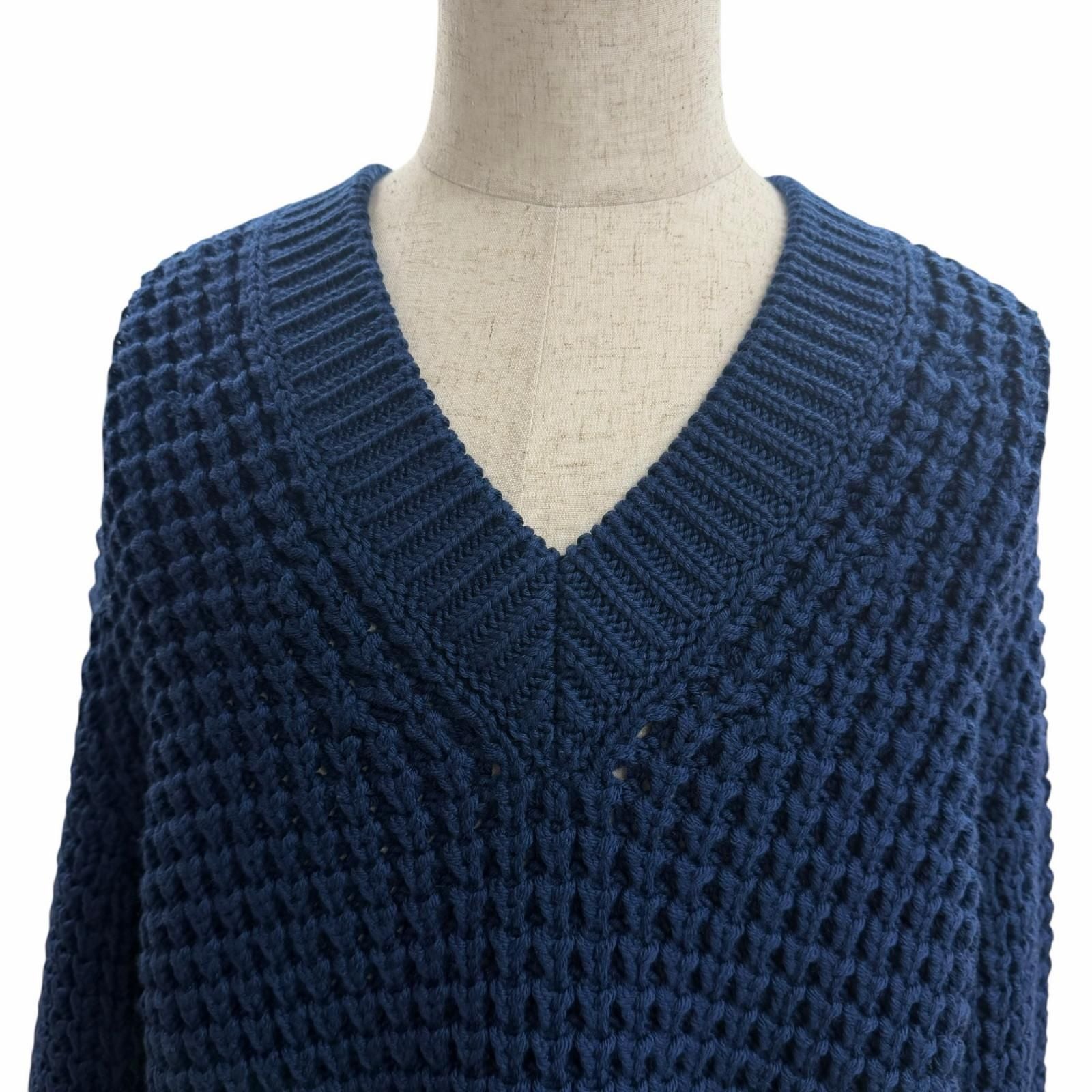 Louis Vuitton Wool Cowhide Waffle Knit Slit Gaston Leather Patch Neck Blue XL — view 2