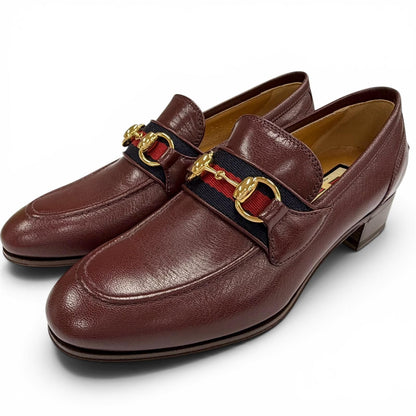 Gucci Web Line Horsebit Leather Loafers Bordeaux Gold 35.5 Box Recommended