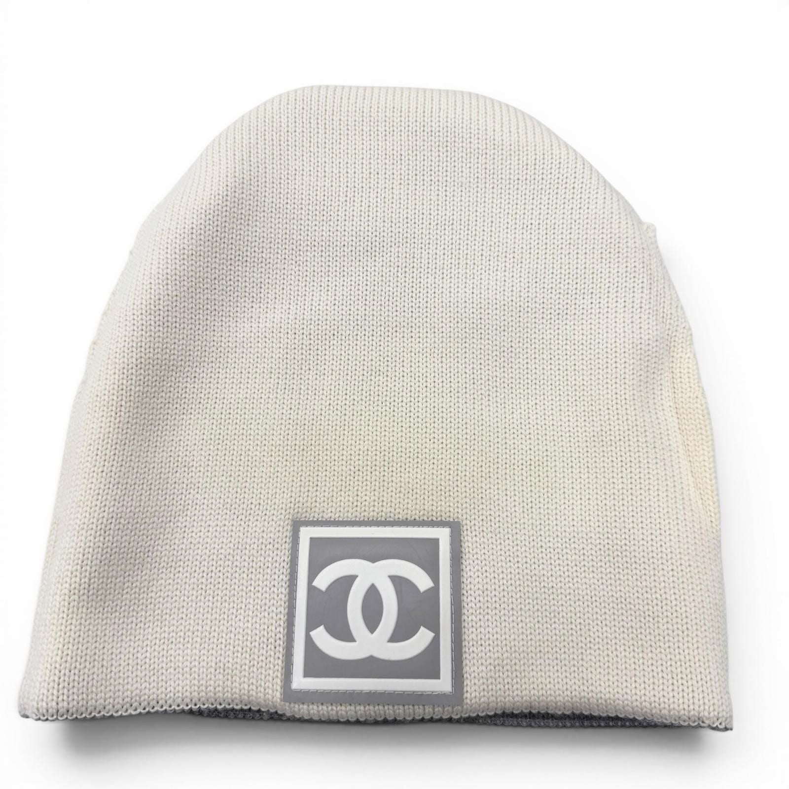 Chanel Sports Line Wool Silk CC Logo Hat Beanie Knit Cap Gray Ivory — view 7