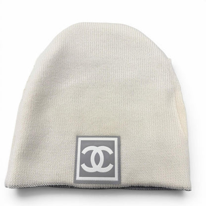 Chanel Sports Line Wool Silk CC Logo Hat Beanie Knit Cap Gray Ivory — view 7