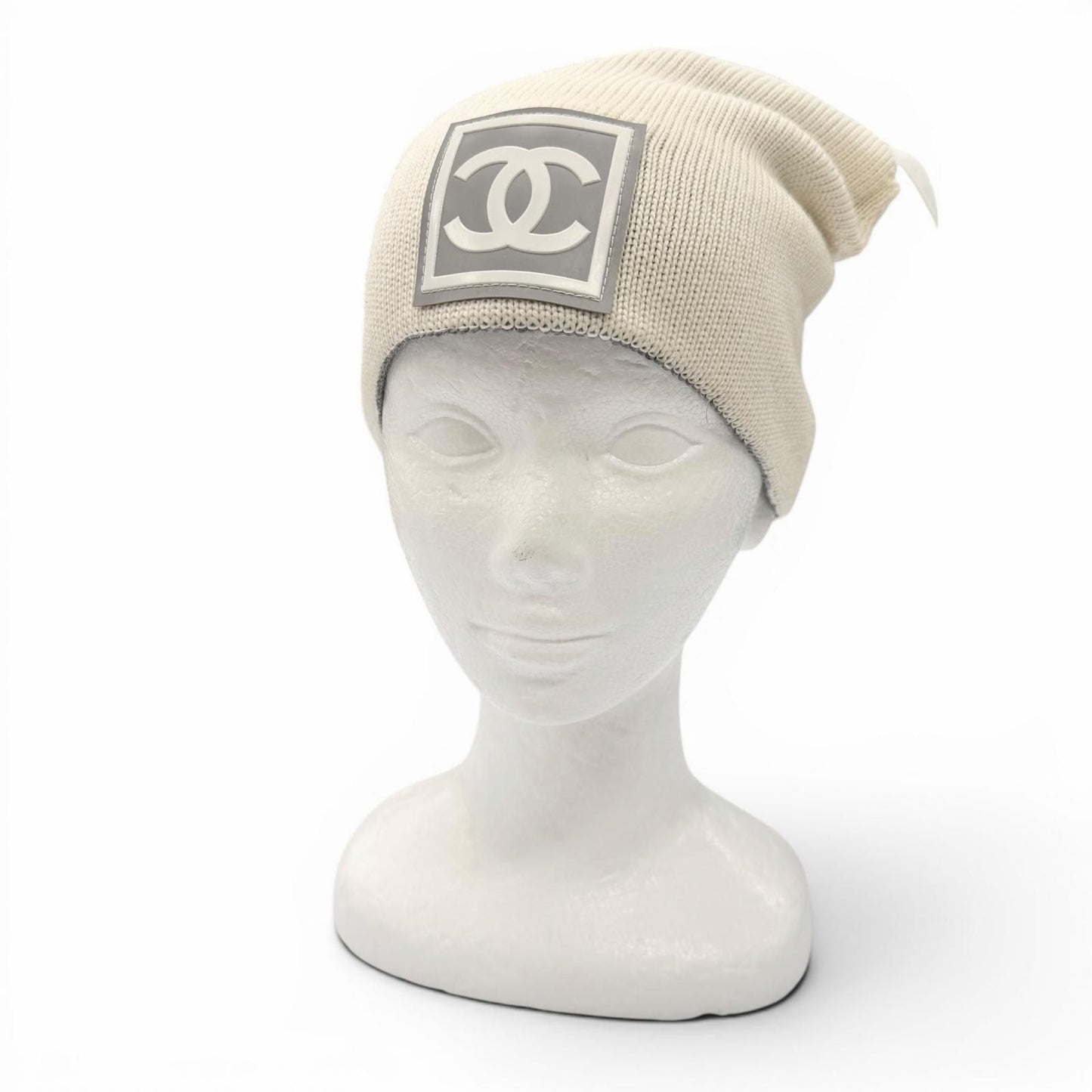 Chanel Sports Line Wool Silk CC Logo Hat Beanie Knit Cap Gray Ivory — view 3