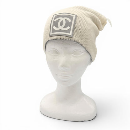 Chanel Sports Line Wool Silk CC Logo Hat Beanie Knit Cap Gray Ivory — view 3