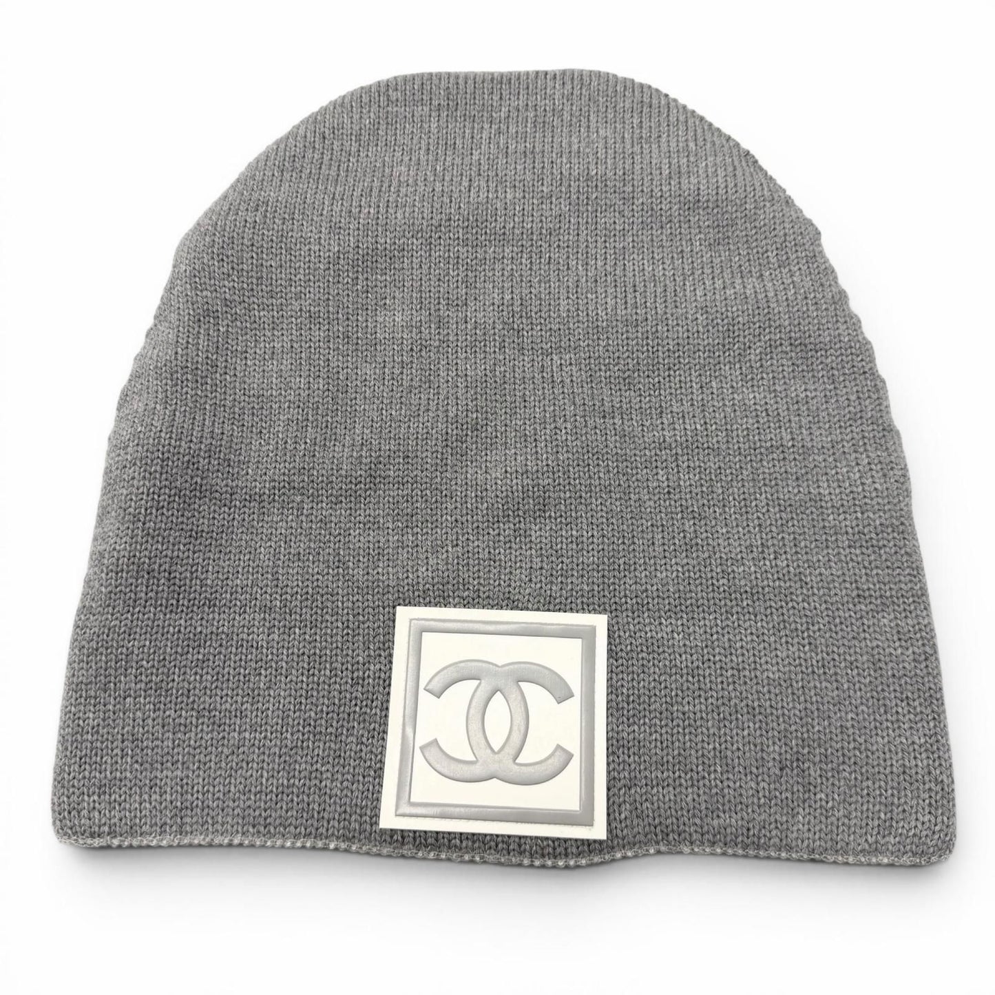 Chanel Sports Line Wool Silk CC Logo Hat Beanie Knit Cap Gray Ivory