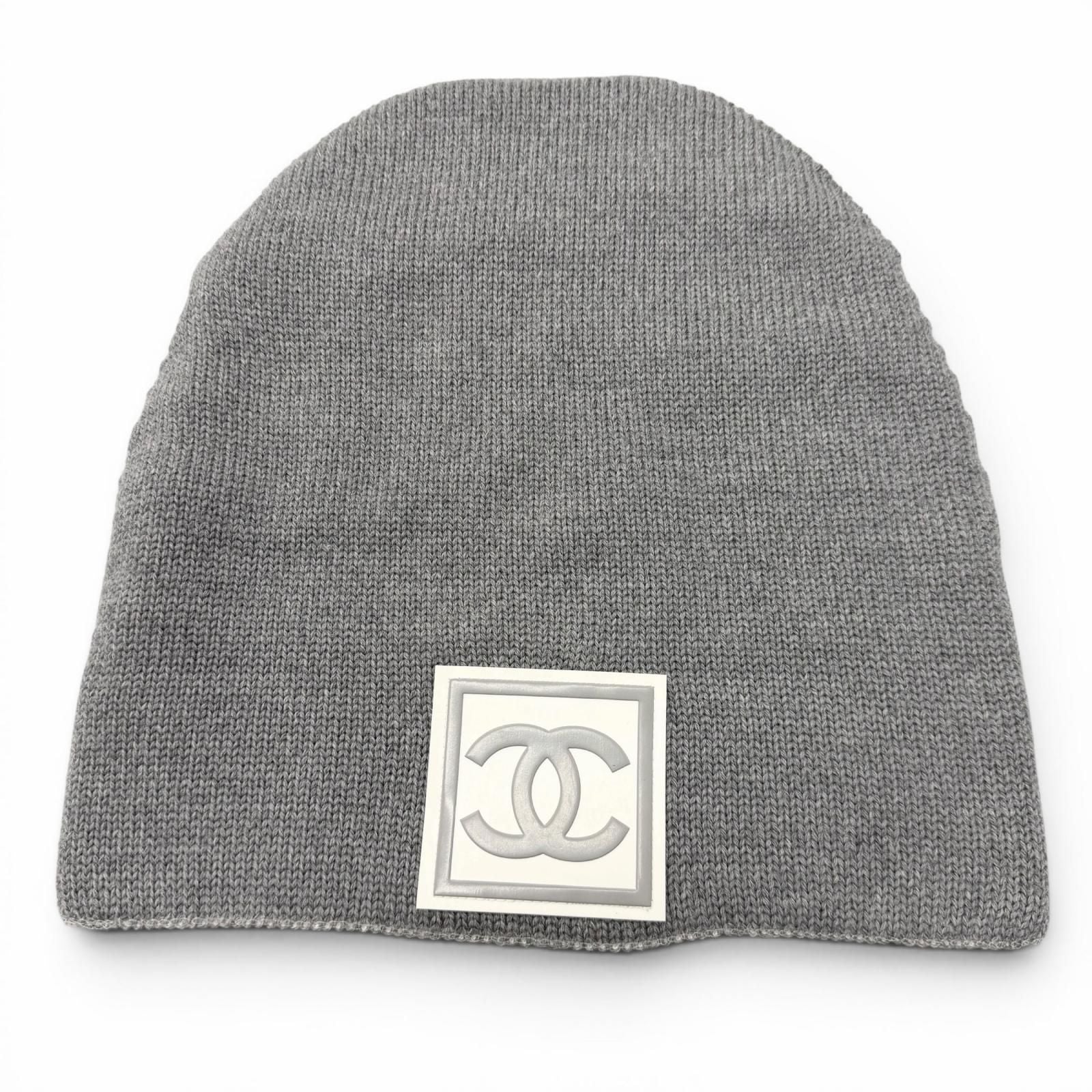 Chanel Sports Line Wool Silk CC Logo Hat Beanie Knit Cap Gray Ivory