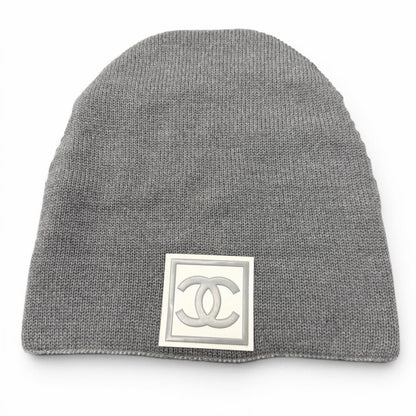 Chanel Sports Line Wool Silk CC Logo Hat Beanie Knit Cap Gray Ivory