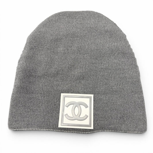 Chanel Sports Line Wool Silk CC Logo Hat Beanie Knit Cap Gray Ivory