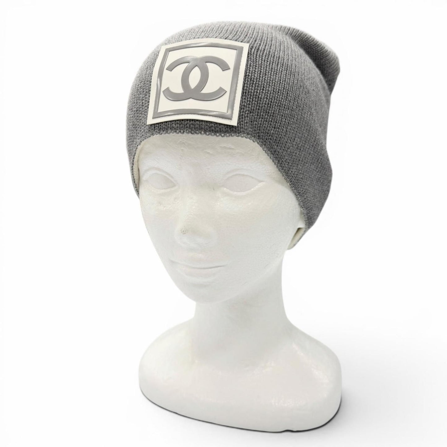Chanel Sports Line Wool Silk CC Logo Hat Beanie Knit Cap Gray Ivory — view 2
