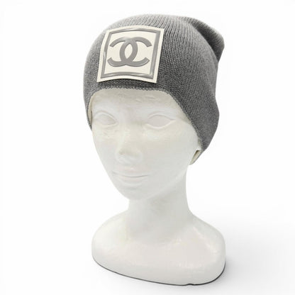 Chanel Sports Line Wool Silk CC Logo Hat Beanie Knit Cap Gray Ivory — view 2