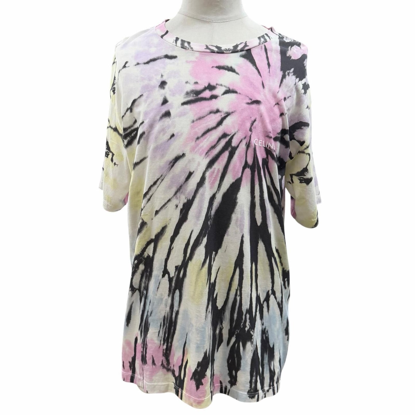 Celine Cotton 100% Tie Dye Logo Print Crew Neck Short Sleeve T-Shirt Multi