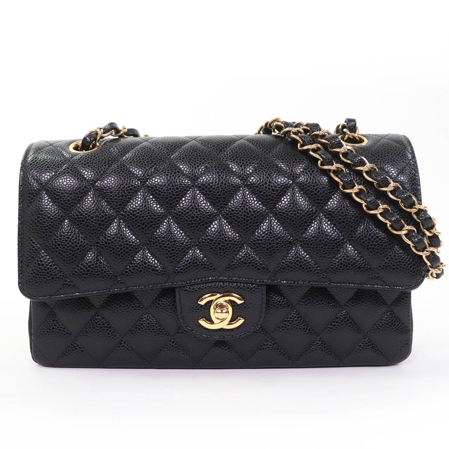 Chanel Quilted 25 Caviar Leather Chain Shoulder Bag Black Gold