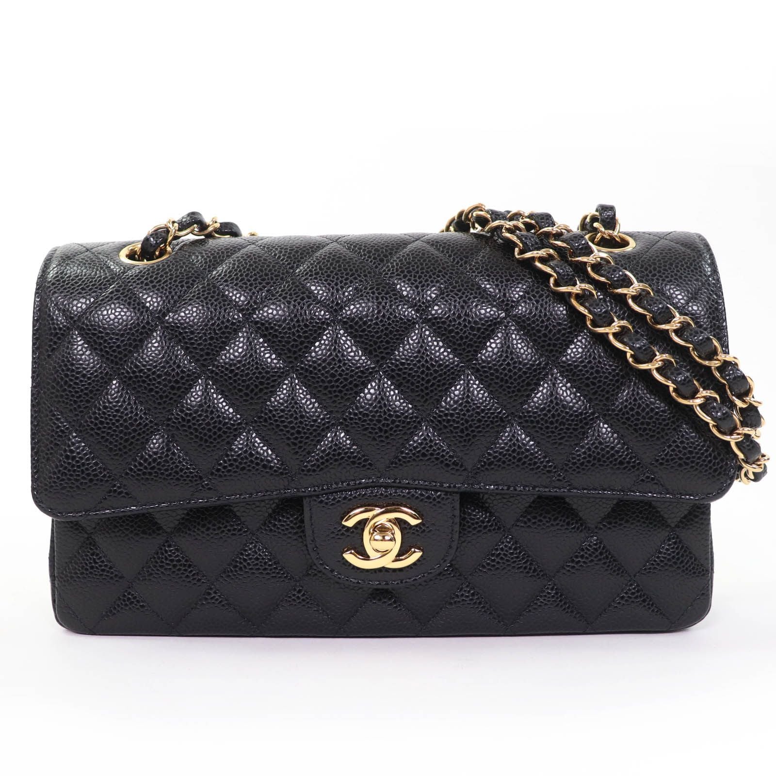 Chanel Quilted 25 Caviar Leather Chain Shoulder Bag Black Gold