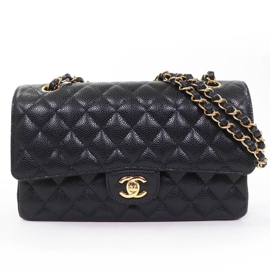Chanel Quilted 25 Caviar Leather Chain Shoulder Bag Black Gold