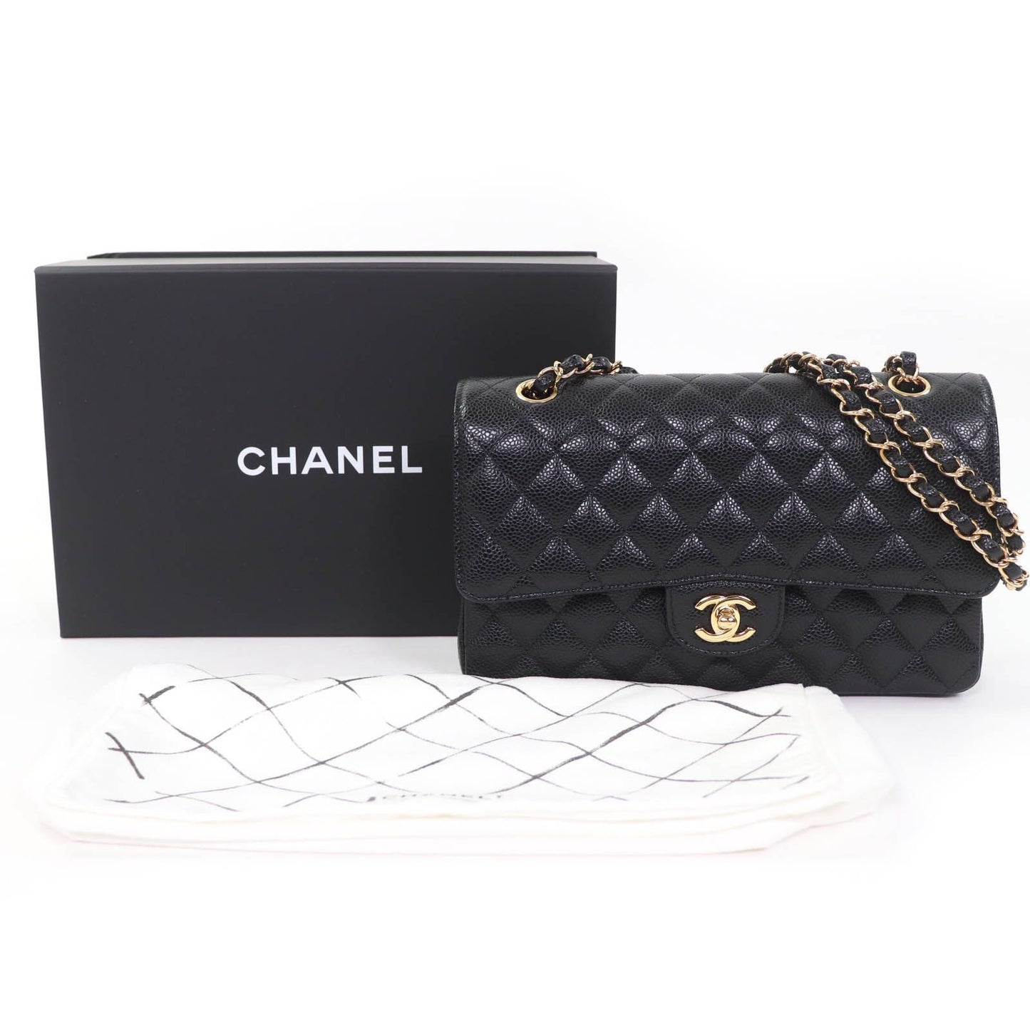 Chanel Quilted 25 Caviar Leather Chain Shoulder Bag Black Gold — view 2