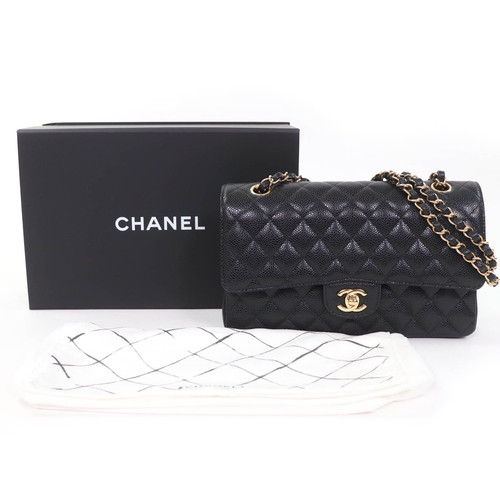 Chanel Quilted 25 Caviar Leather Chain Shoulder Bag Black Gold — view 2