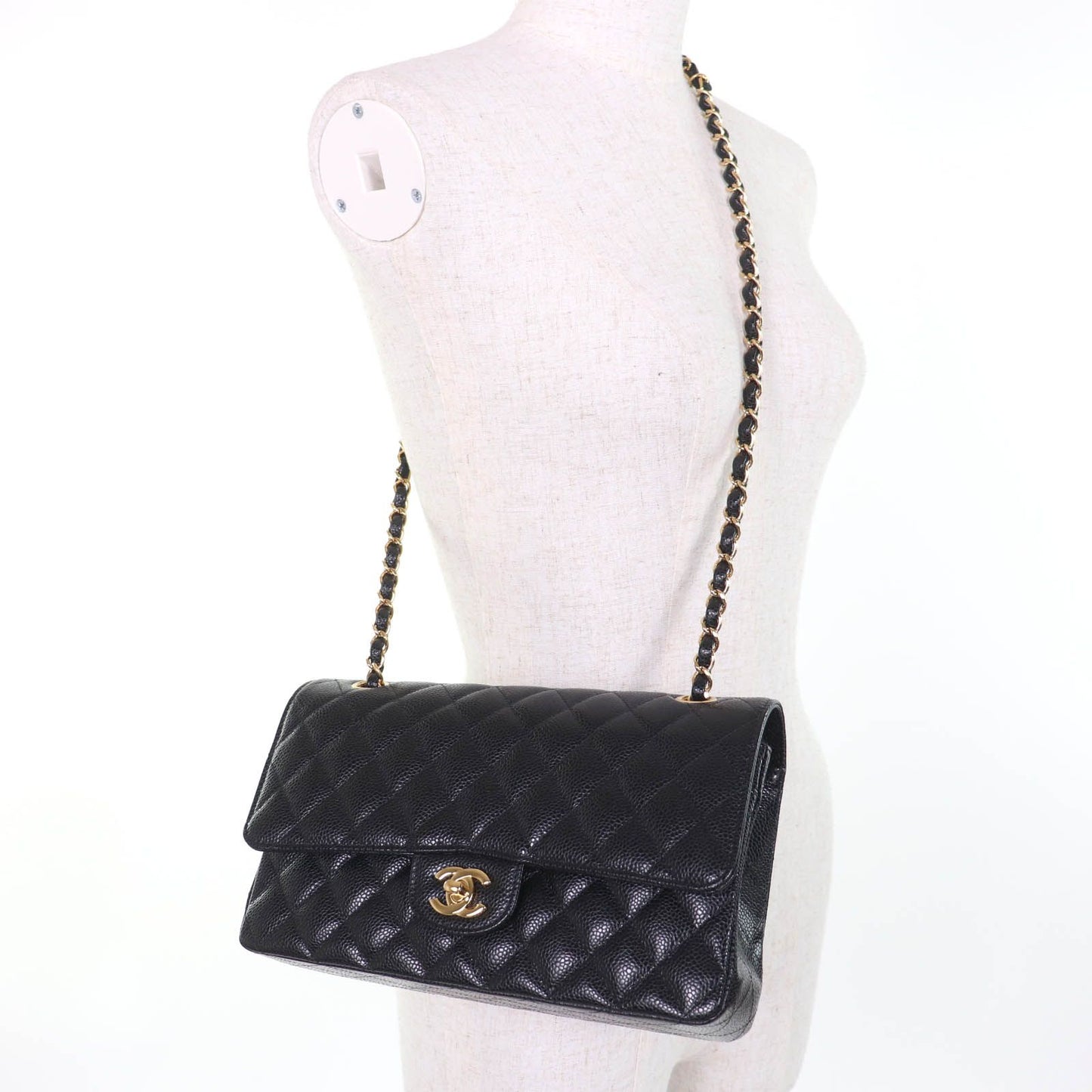 Chanel Quilted 25 Caviar Leather Chain Shoulder Bag Black Gold — view 9