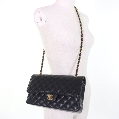 Chanel Quilted 25 Caviar Leather Chain Shoulder Bag Black Gold — view 9