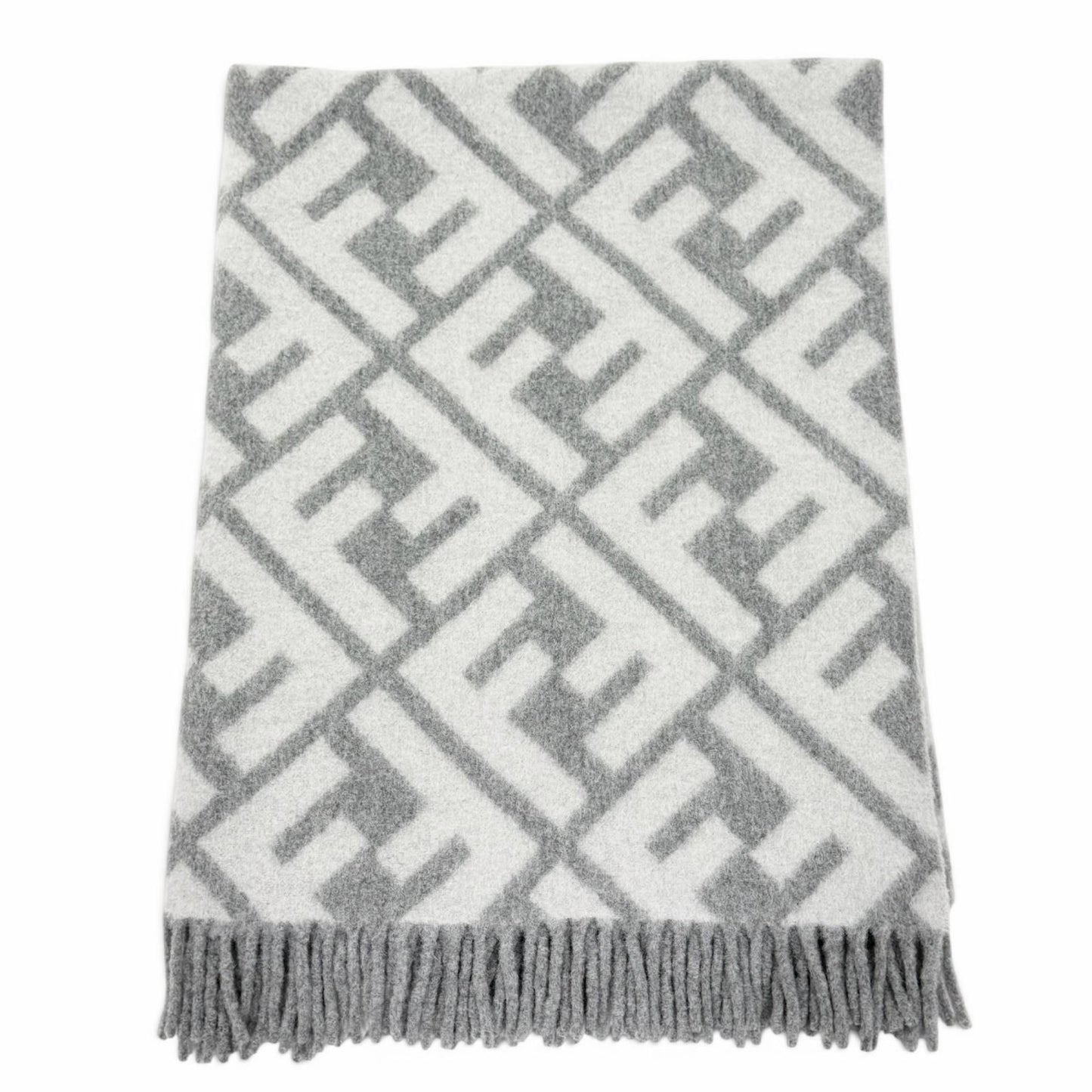 Fendi Alpaca Wool Blend FF Logo All Over Pattern Fringe Throw Gray 180 cm