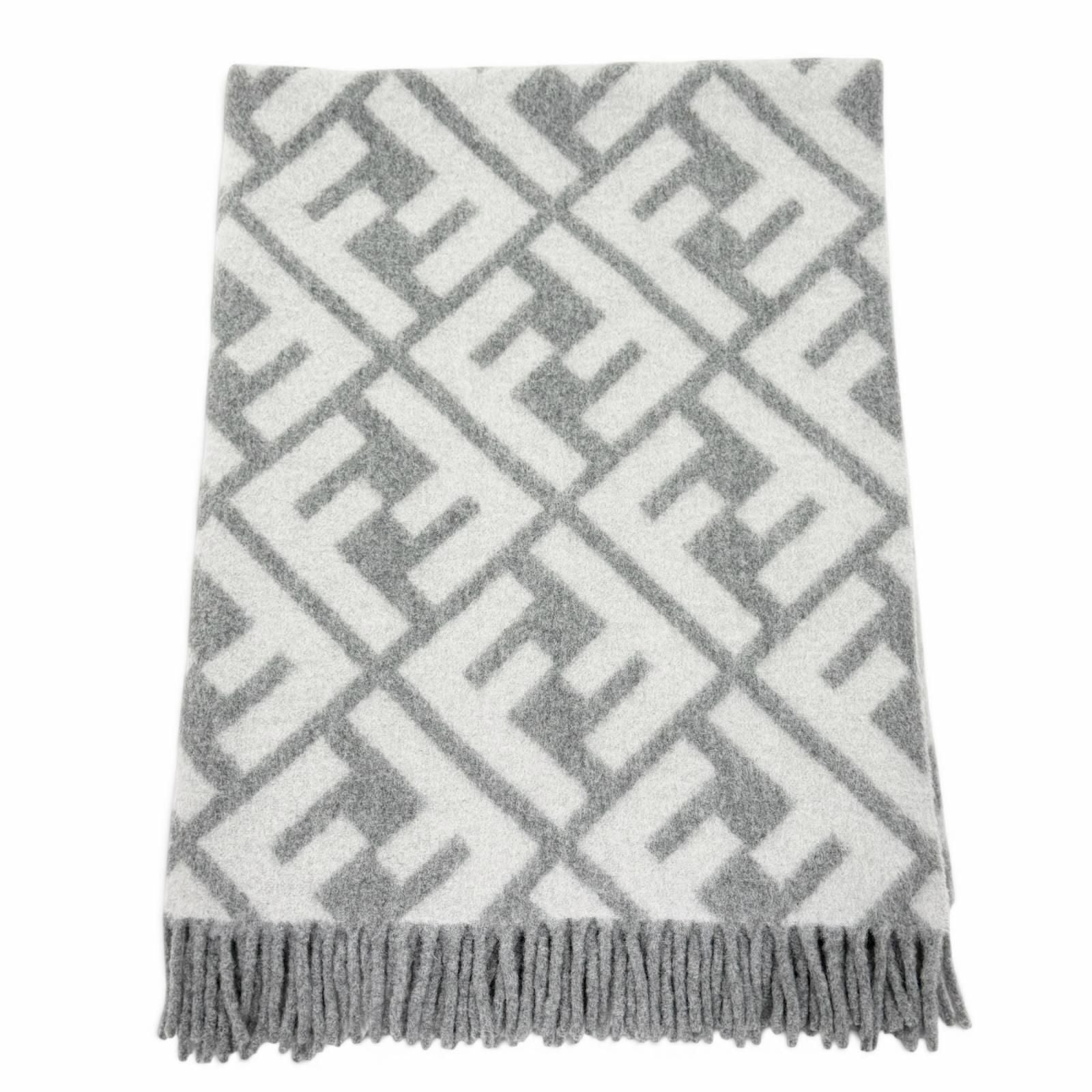 Fendi Alpaca Wool Blend FF Logo All Over Pattern Fringe Throw Gray 180 cm