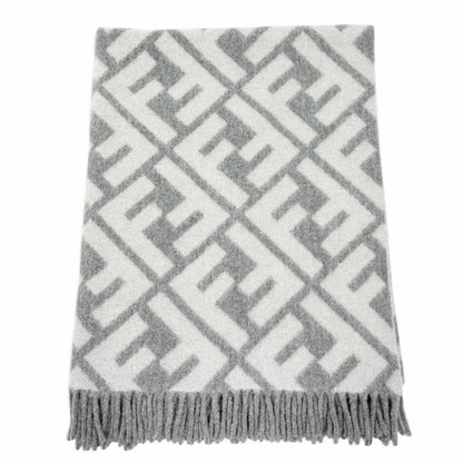Fendi Alpaca Wool Blend FF Logo All Over Pattern Fringe Throw Gray 180 cm
