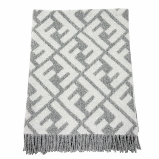 Fendi Alpaca Wool Blend FF Logo All Over Pattern Fringe Throw Gray 180 cm