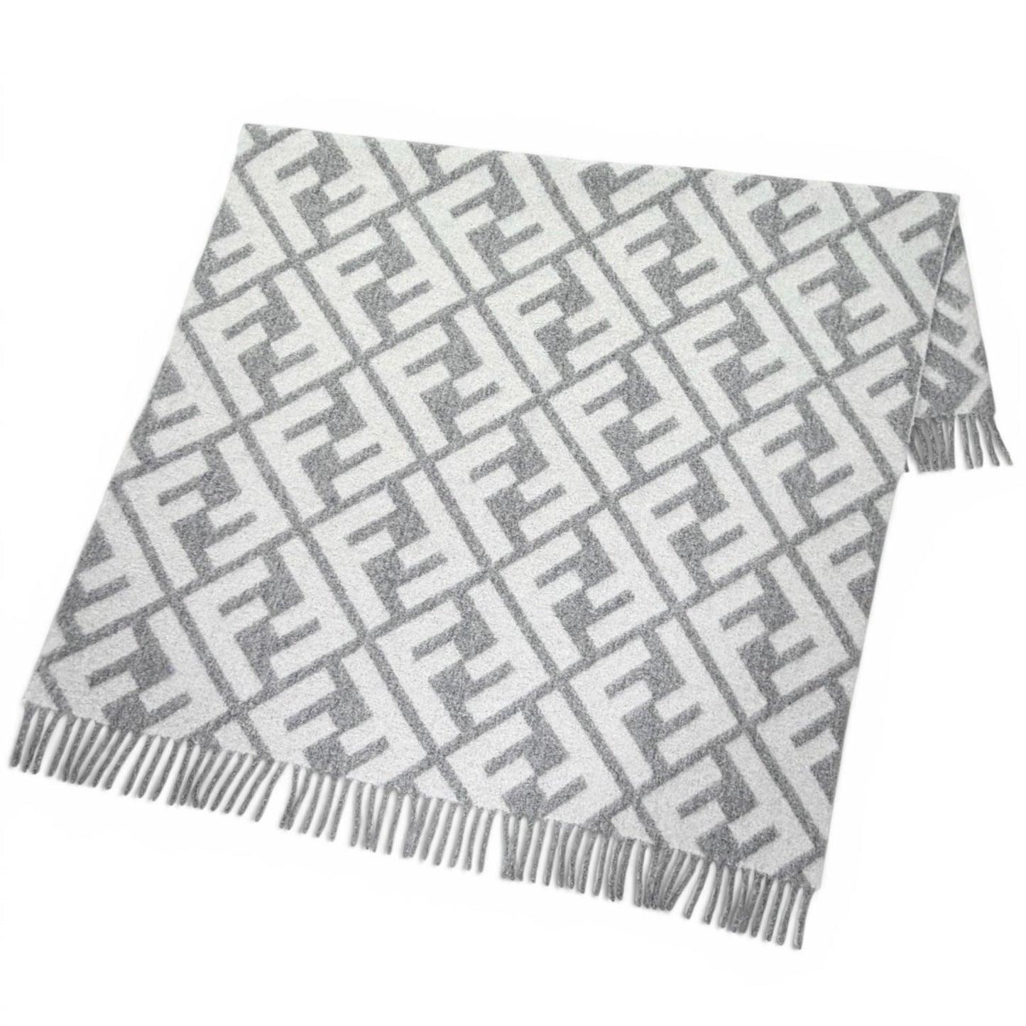 Fendi Alpaca Wool Blend FF Logo All Over Pattern Fringe Throw Gray 180 cm — view 3