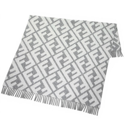 Fendi Alpaca Wool Blend FF Logo All Over Pattern Fringe Throw Gray 180 cm — view 3