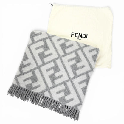 Fendi Alpaca Wool Blend FF Logo All Over Pattern Fringe Throw Gray 180 cm — view 2