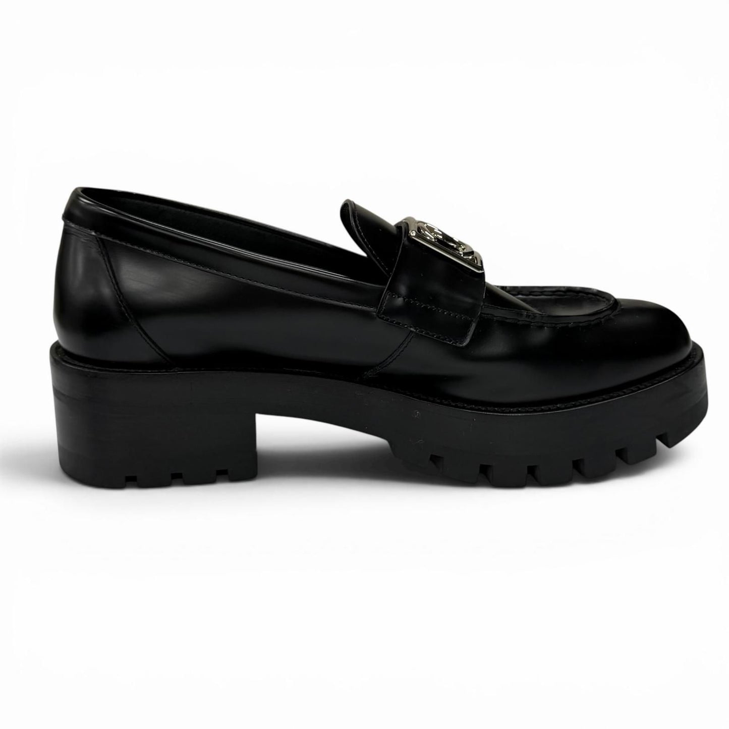 Chanel CC Logo Leather Loafers Shoes Black Silver — view 4