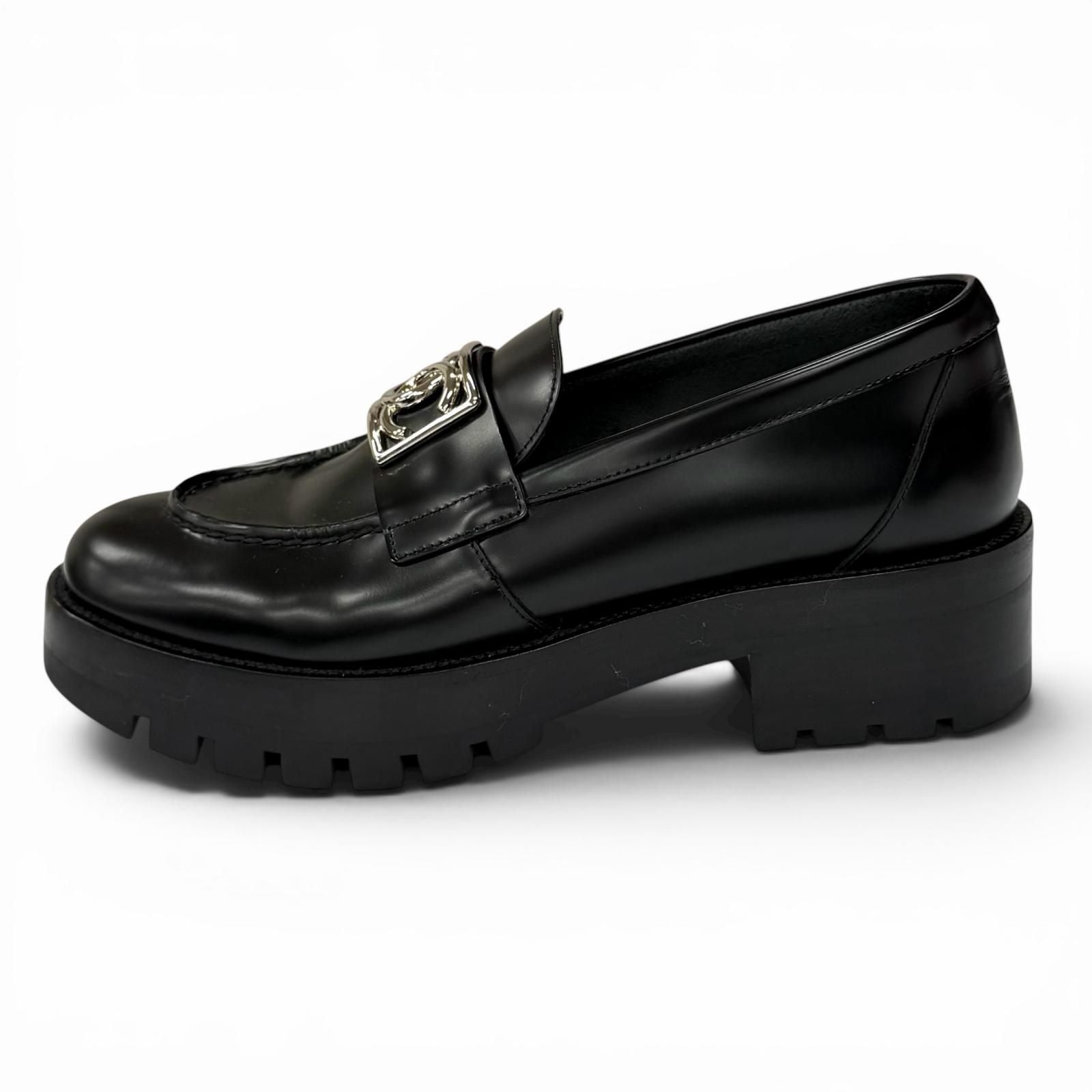 Chanel CC Logo Leather Loafers Shoes Black Silver — view 5