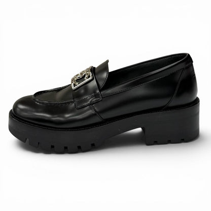 Chanel CC Logo Leather Loafers Shoes Black Silver — view 5