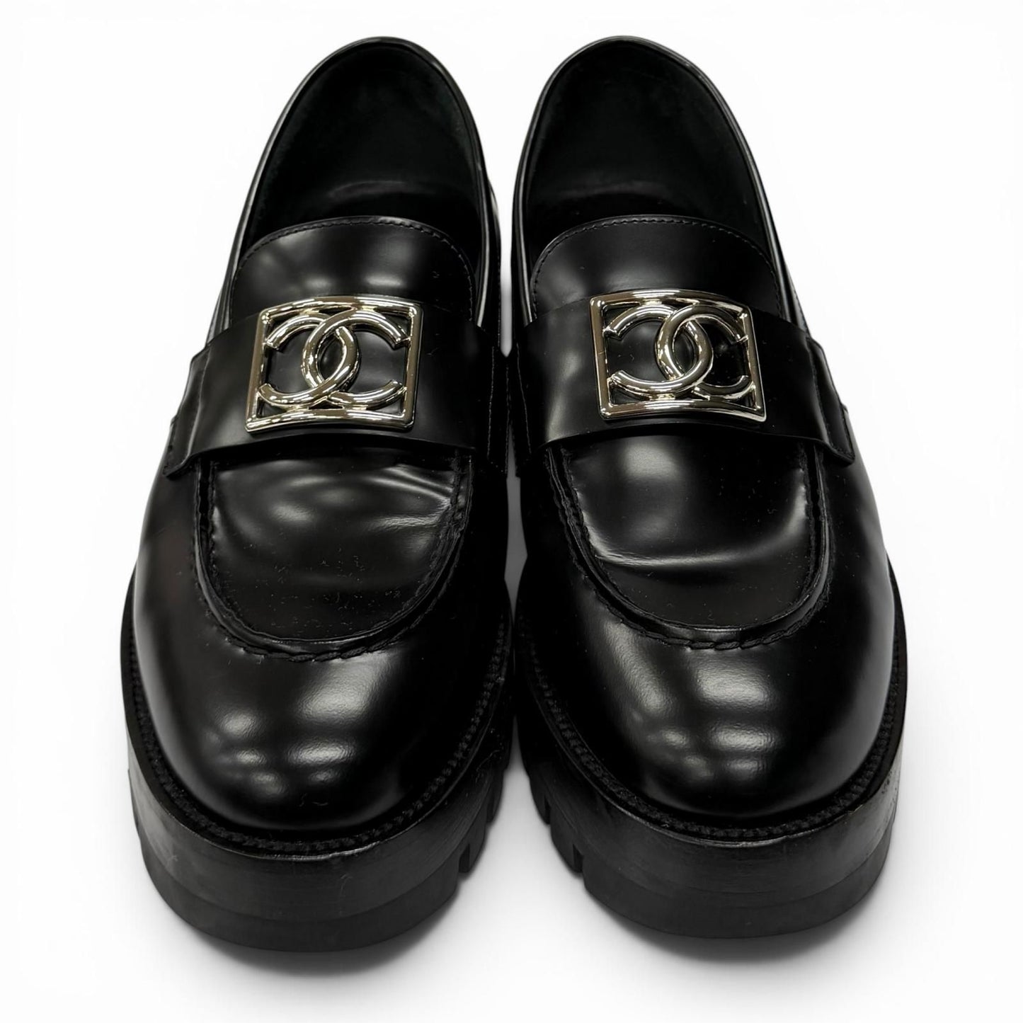 Chanel CC Logo Leather Loafers Shoes Black Silver — view 3