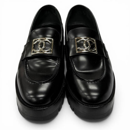 Chanel CC Logo Leather Loafers Shoes Black Silver — view 3