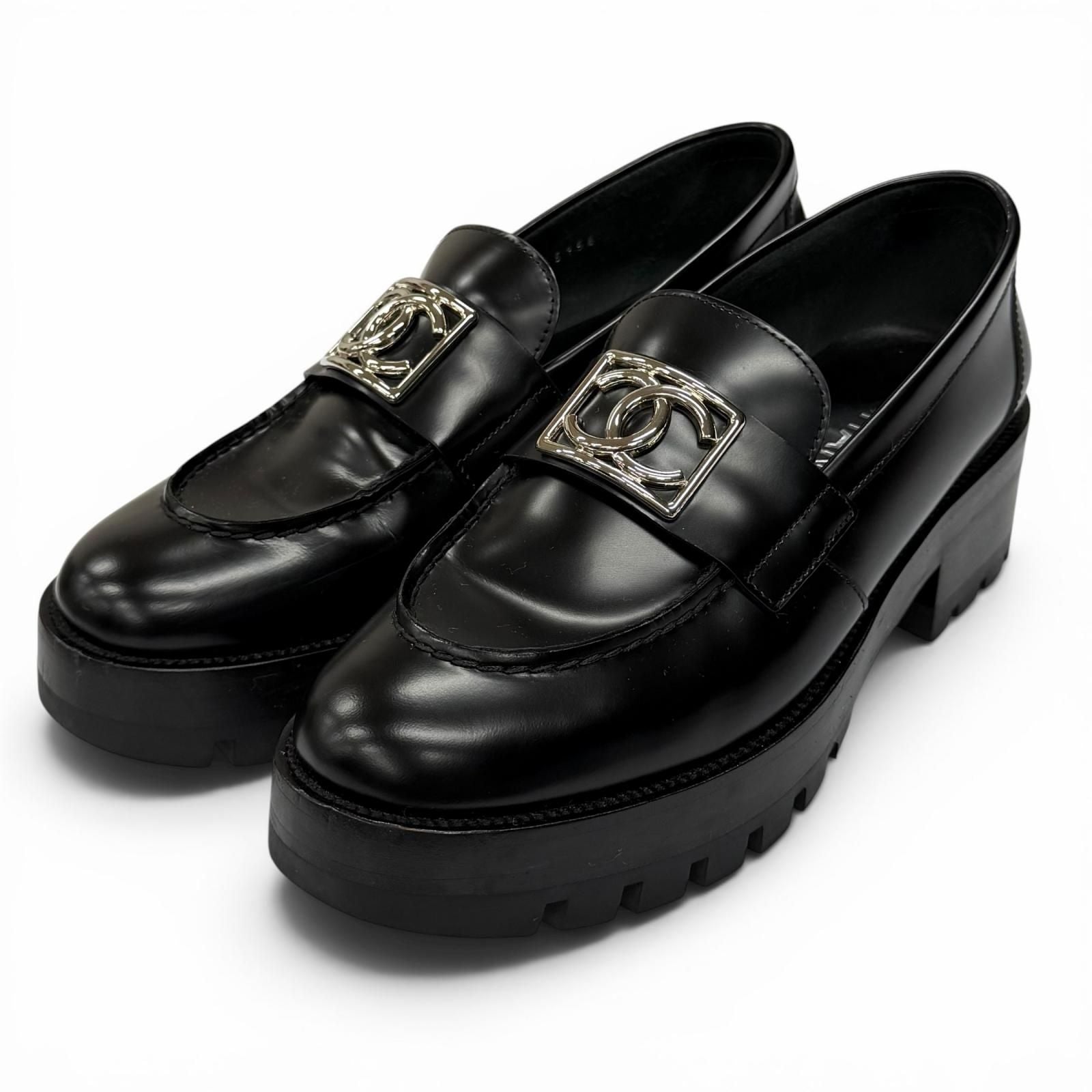 Chanel CC Logo Leather Loafers Shoes Black Silver