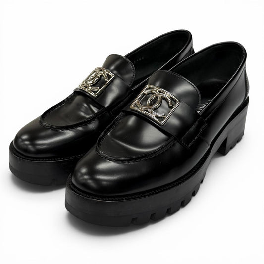 Chanel CC Logo Leather Loafers Shoes Black Silver