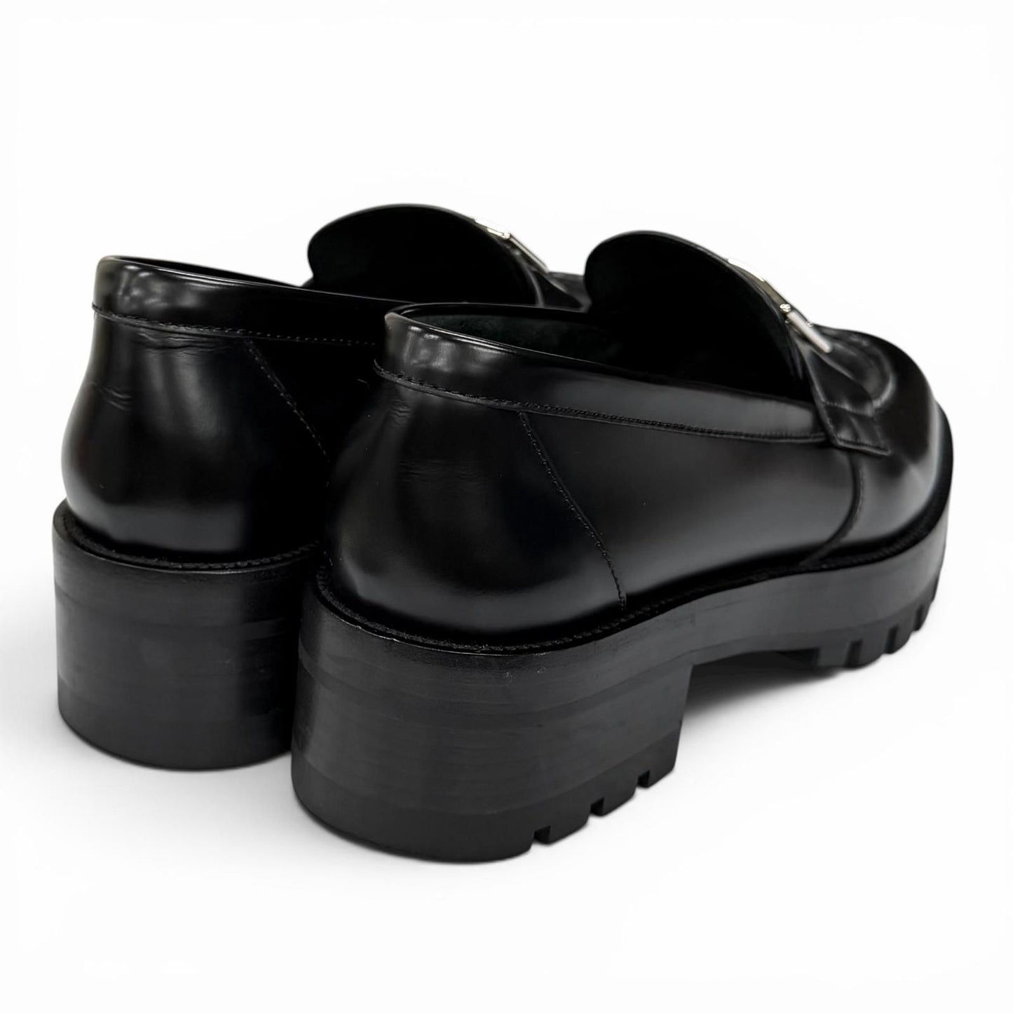 Chanel CC Logo Leather Loafers Shoes Black Silver — view 2