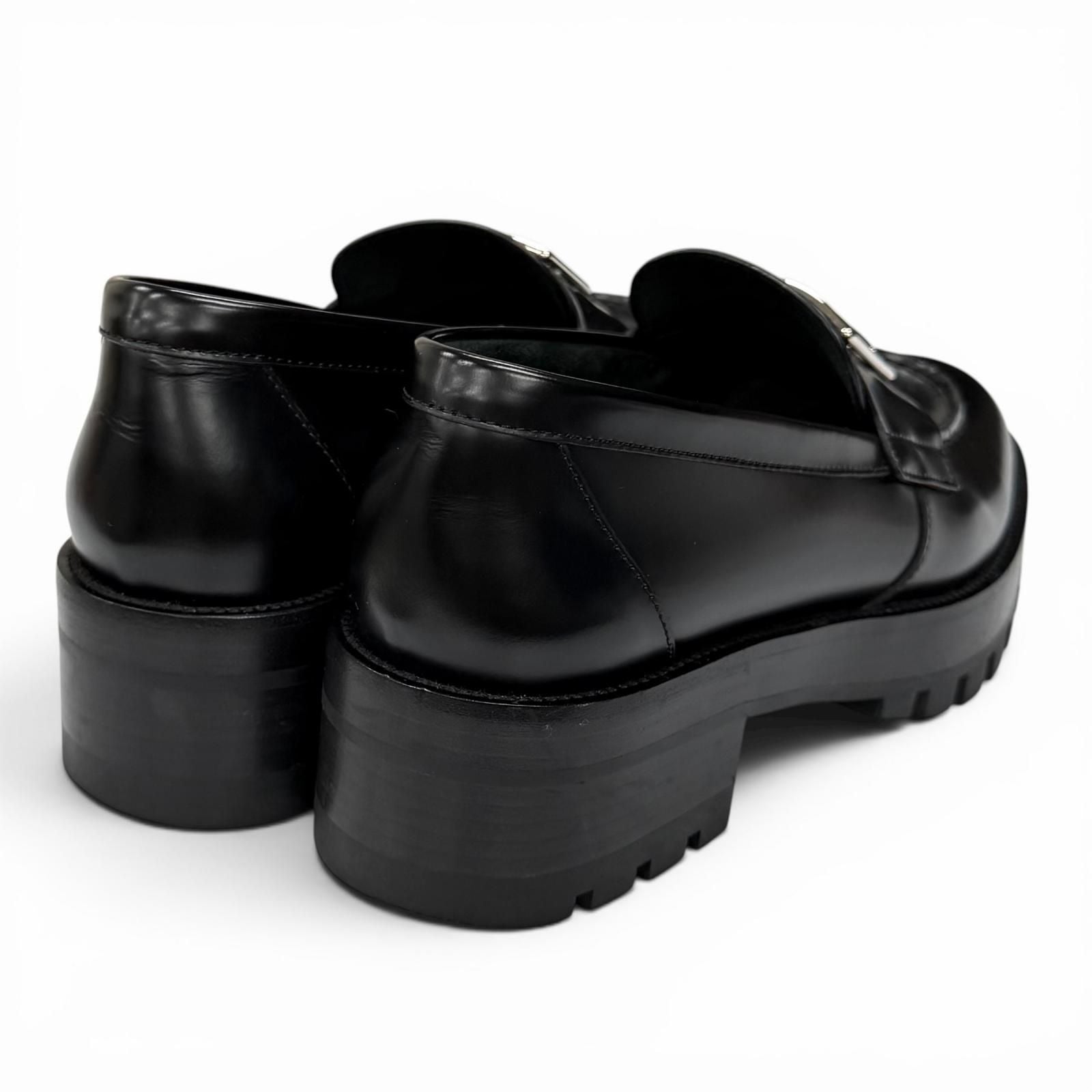 Chanel CC Logo Leather Loafers Shoes Black Silver — view 2