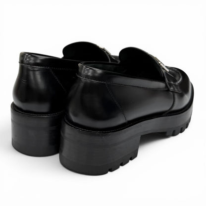 Chanel CC Logo Leather Loafers Shoes Black Silver — view 2