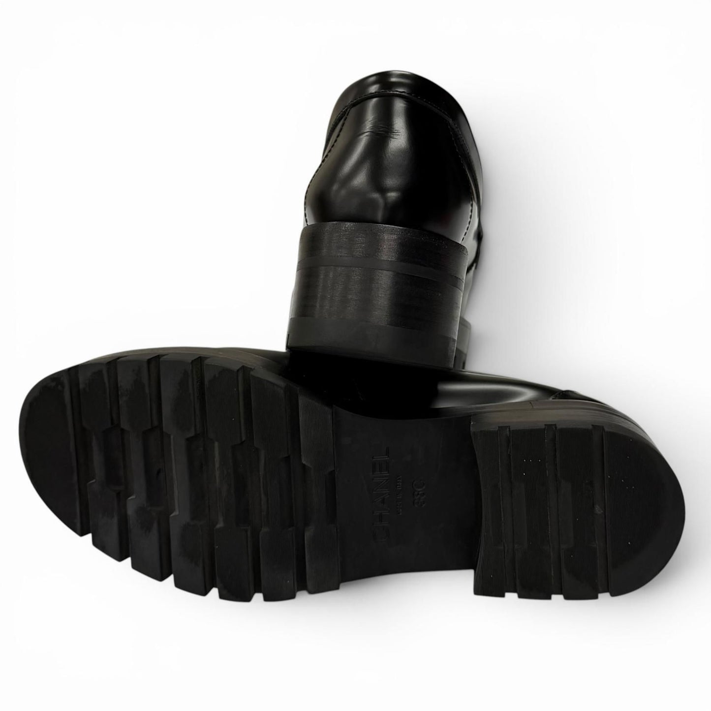 Chanel CC Logo Leather Loafers Shoes Black Silver — view 6