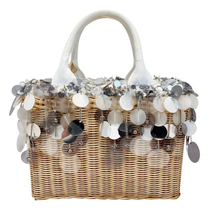 Prada Wicker Basket Bag Handbag Rattan Cotton Sequin — view 2