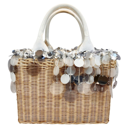 Prada Wicker Basket Bag Handbag Rattan Cotton Sequin