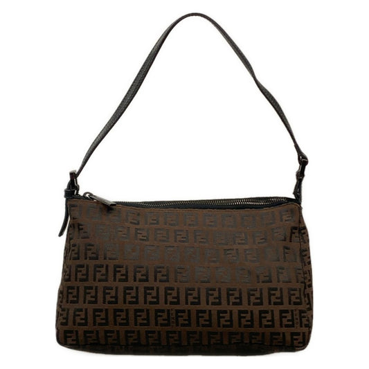 Fendi Shoulder Bag Zucchino Pattern Dark Brown Black Leather