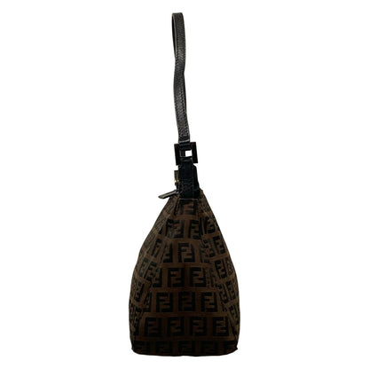 Fendi Shoulder Bag Zucchino Pattern Dark Brown Black Leather — view 4