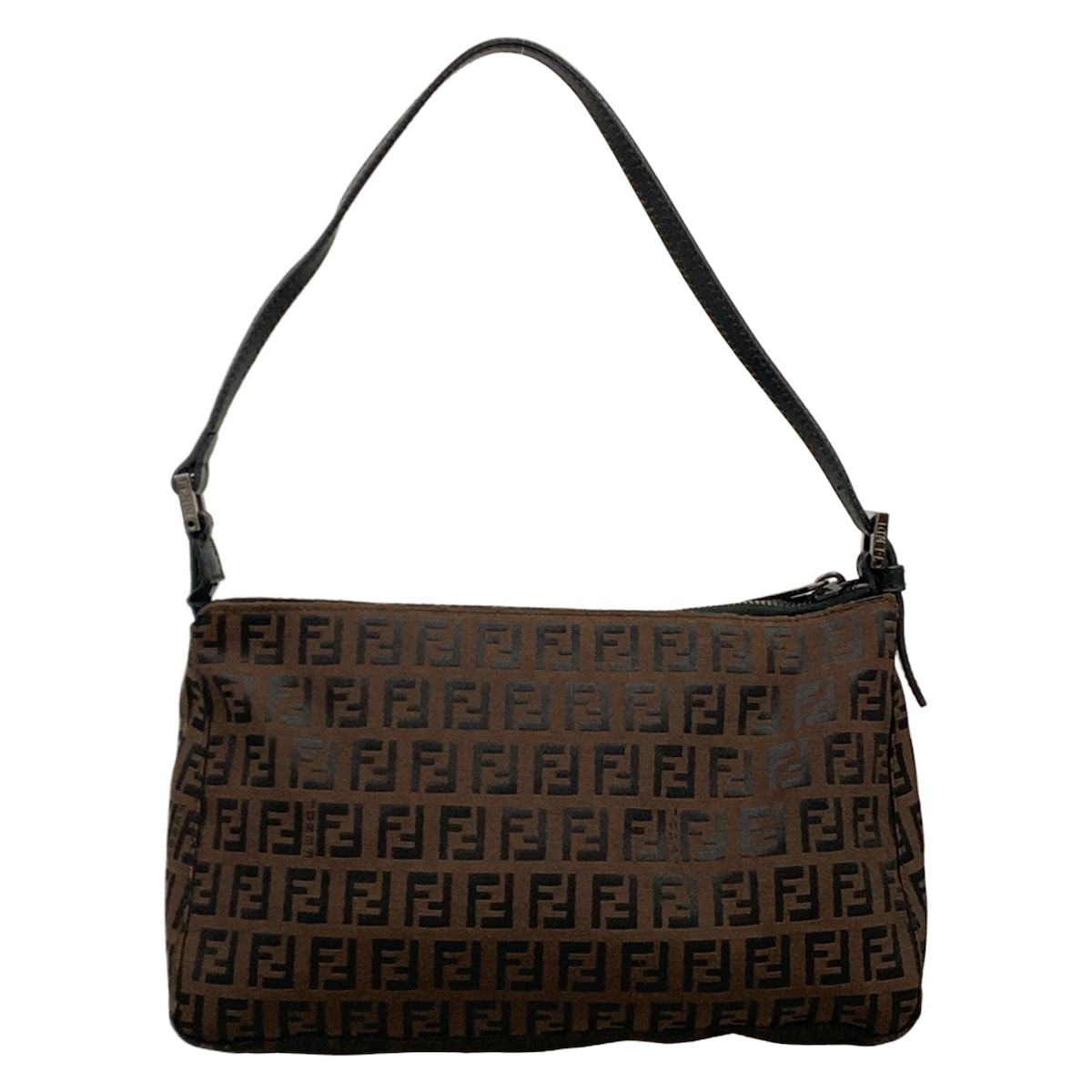 Fendi Shoulder Bag Zucchino Pattern Dark Brown Black Leather — view 3