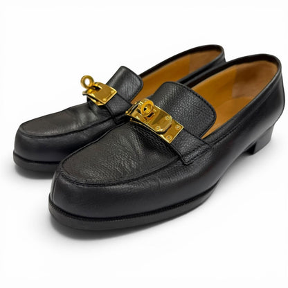 Hermes Destin Gold Kelly Buckle Leather Loafers Black