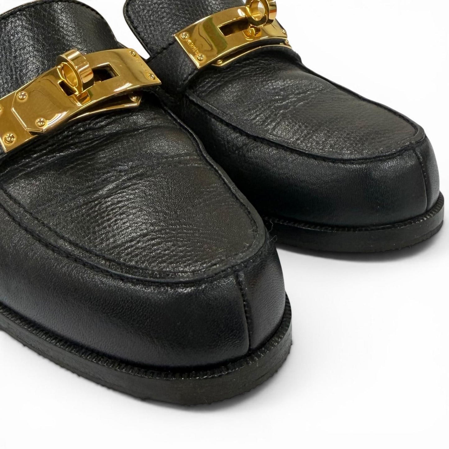 Hermes Destin Gold Kelly Buckle Leather Loafers Black — view 7