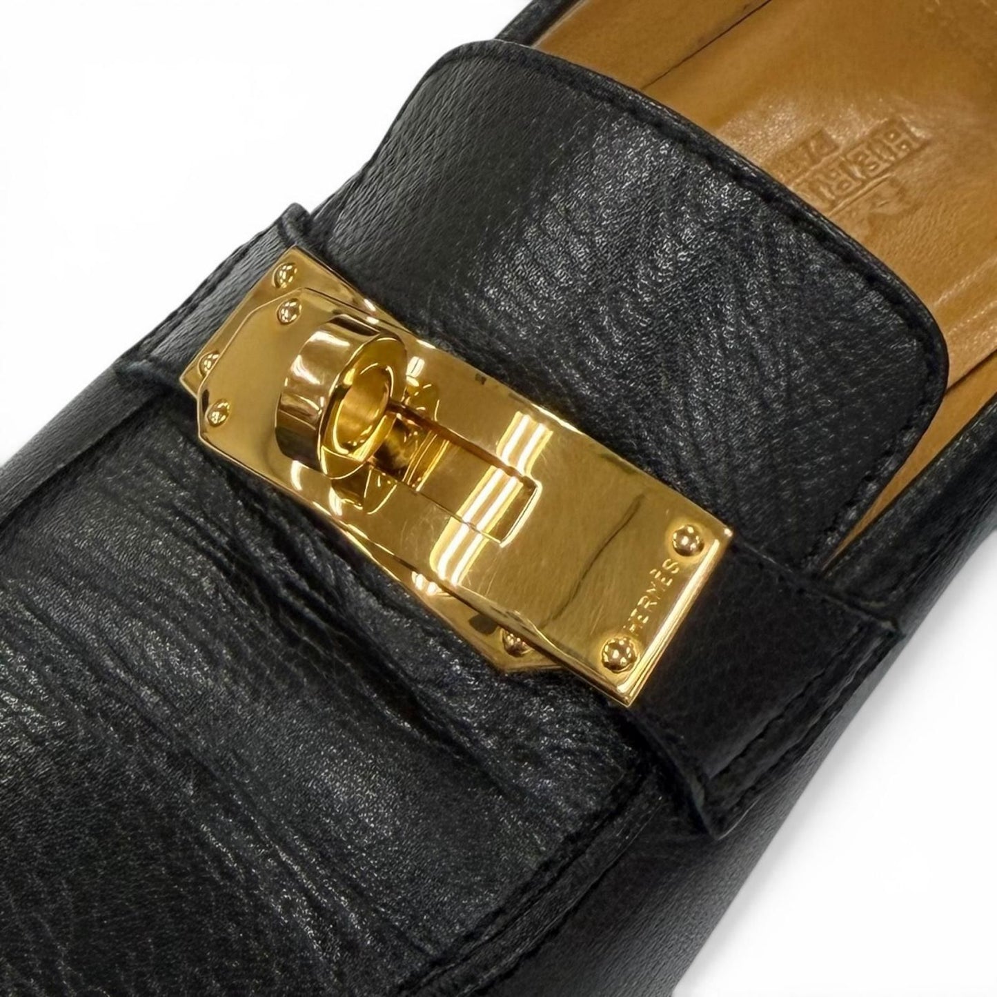 Hermes Destin Gold Kelly Buckle Leather Loafers Black — view 8