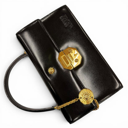 Versace Vintage Sunburst Leather Handbag Vanity Bag Black Gold — view 6