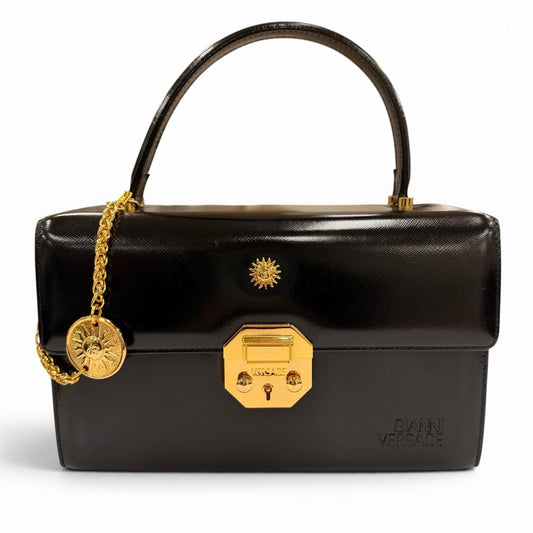 Versace Vintage Sunburst Leather Handbag Vanity Bag Black Gold