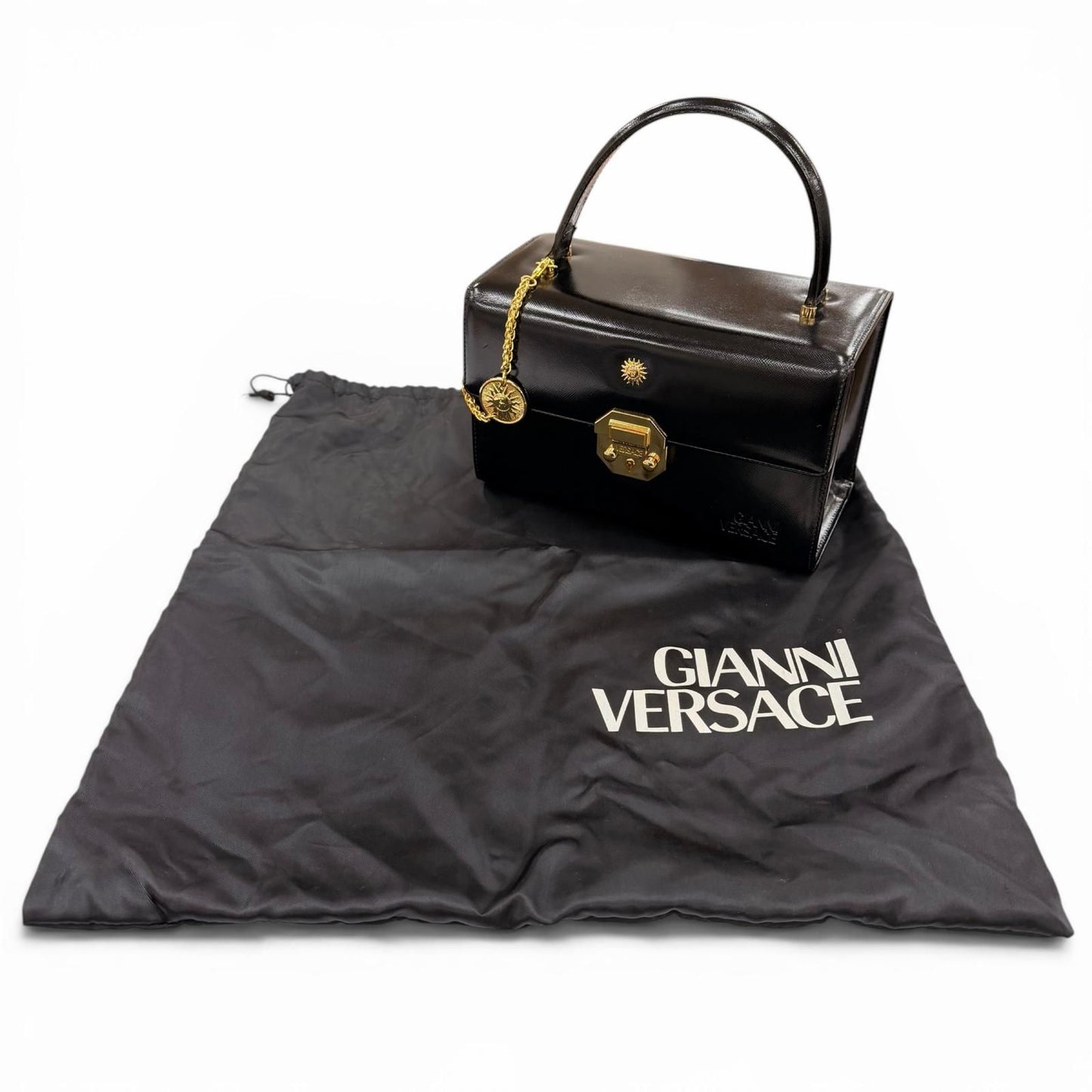 Versace Vintage Sunburst Leather Handbag Vanity Bag Black Gold — view 2