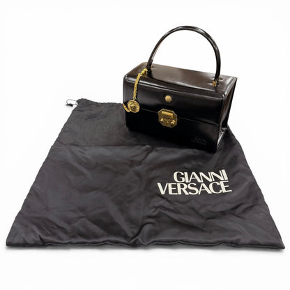 Versace Vintage Sunburst Leather Handbag Vanity Bag Black Gold — view 2